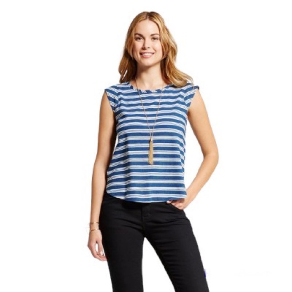 Merona Target Indigo/White Striped 100% Cotton Cap Sleeve Tank Women’s Size S